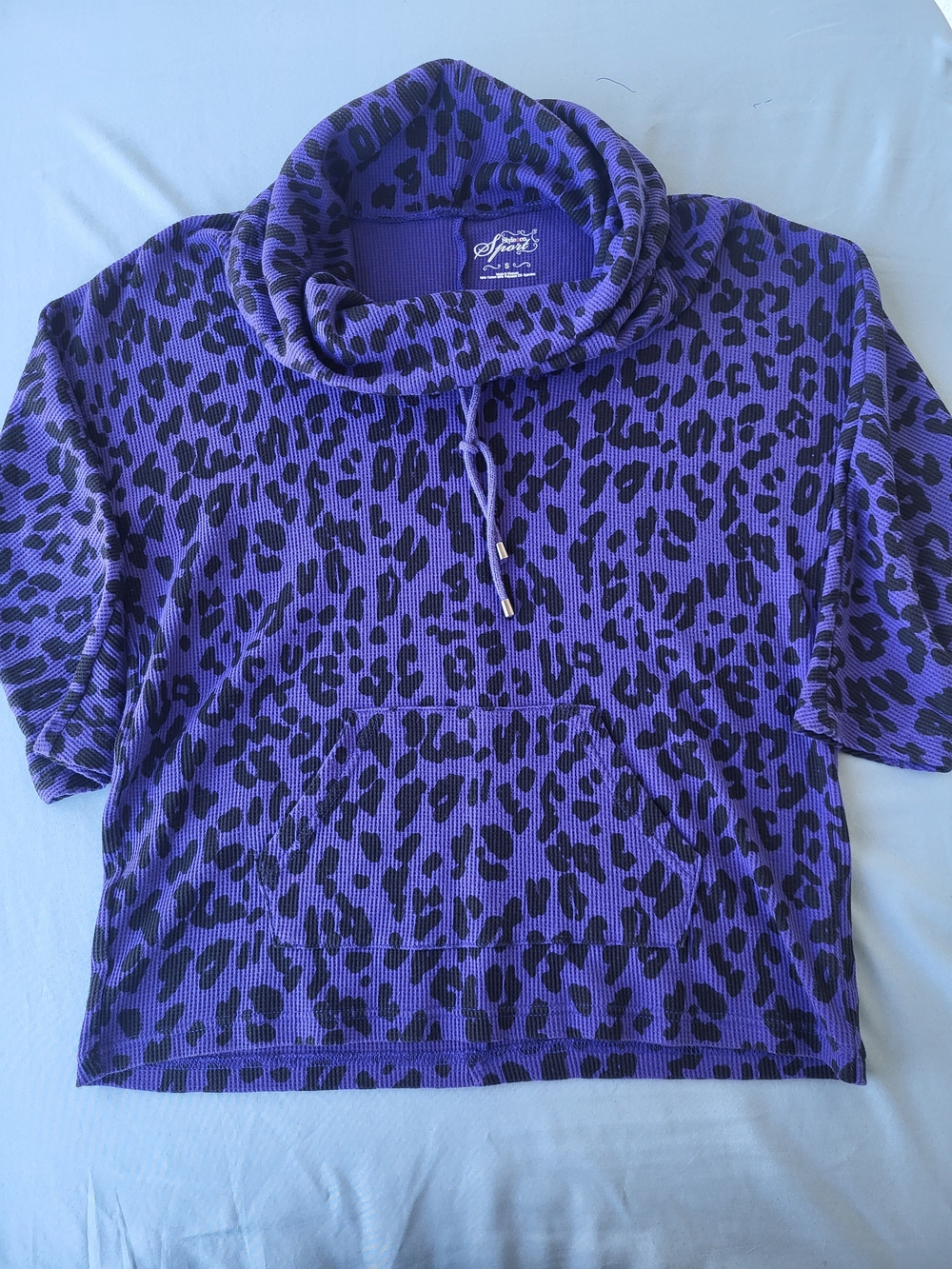 Style & Co. Sport Purple Leopard Waffle Knit Cowl Neck Hoodie